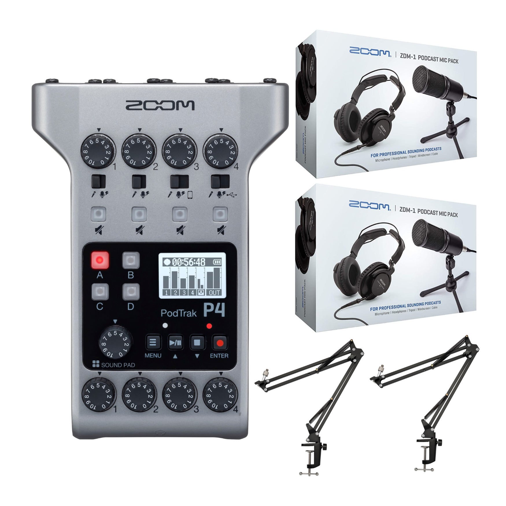 Zoom PodTrak P4 Recorder with Scissor Arms and Podcast Microphone Pack  Accessory Bundle - ZP4MICPK | Focus Pro Audio