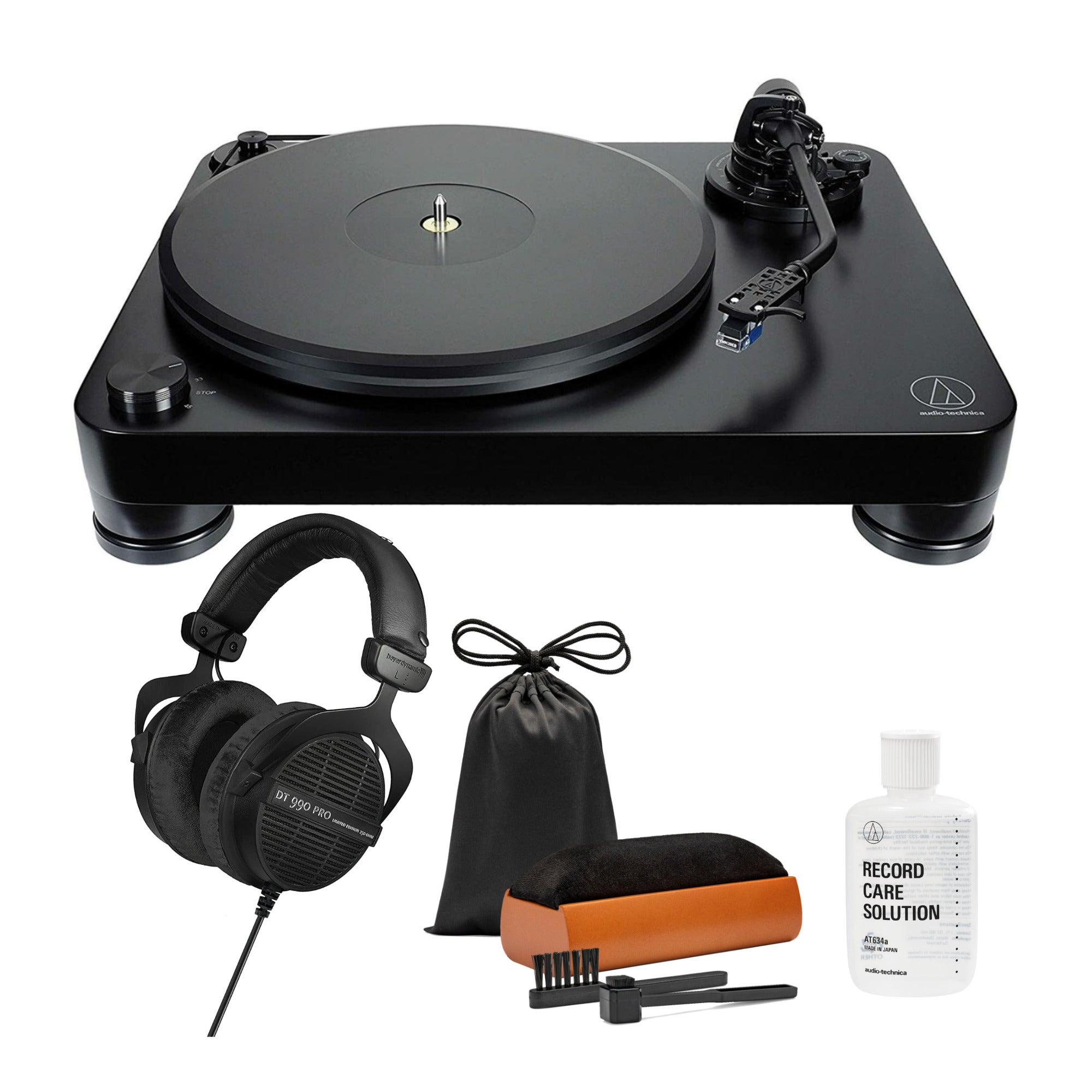 Audio-Technica AT-LP7 Fully Manual Belt-Drive Turntable with Headphones and Care System in Black