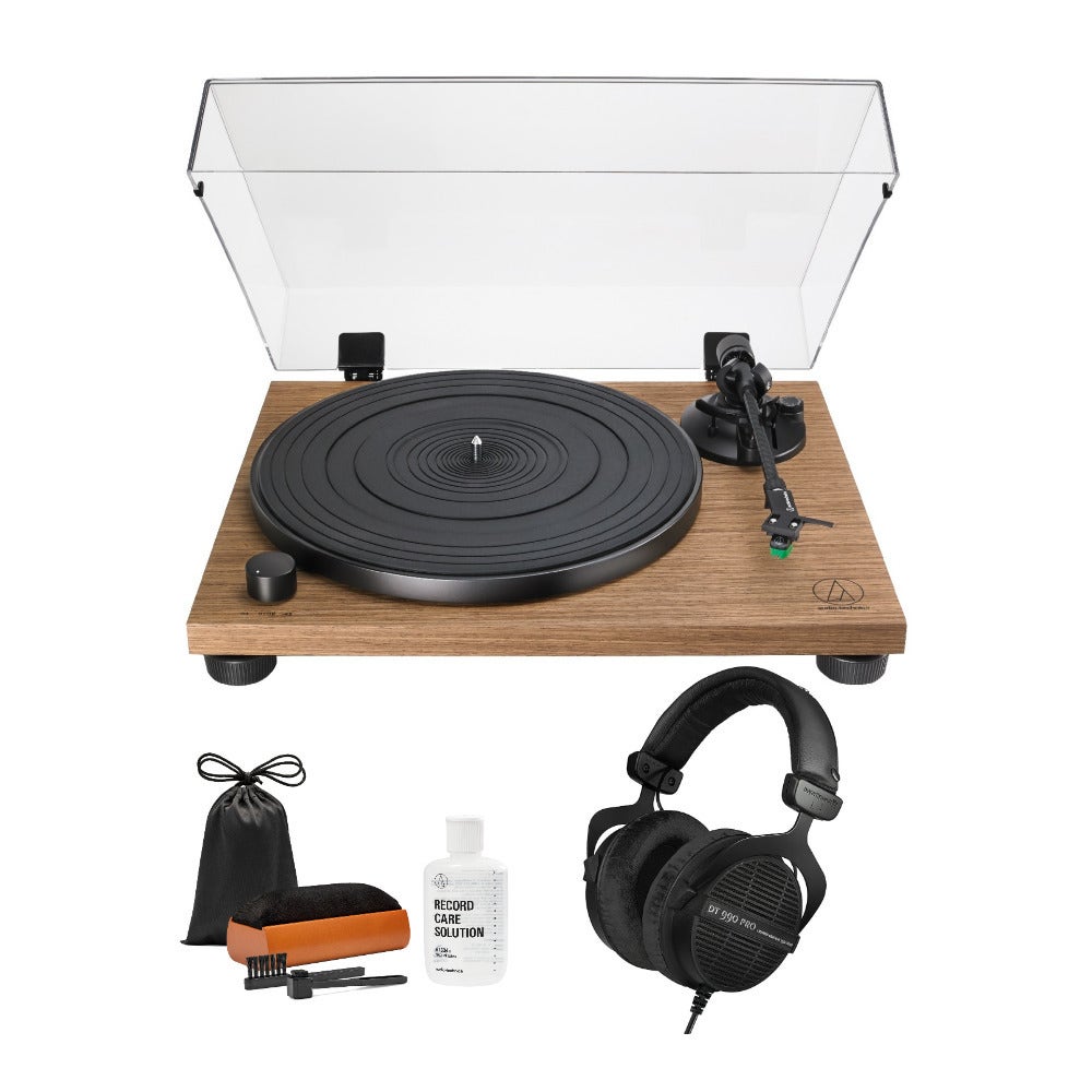 Audio-Technica AT-LPW40WN Fully Manual Belt-Drive Turntable with Headphones and Care System in Walnut